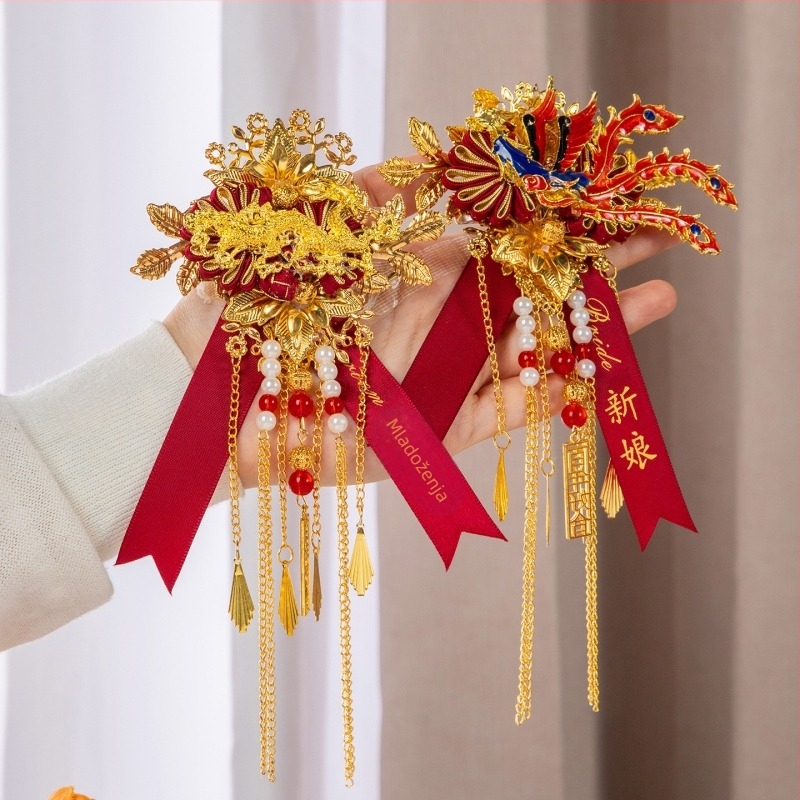 Vjenčani corsage s dragonom i feniksom, kineski stil, materijal: traka, strojna izrada, za vjenčanja, cijeli porodični set
