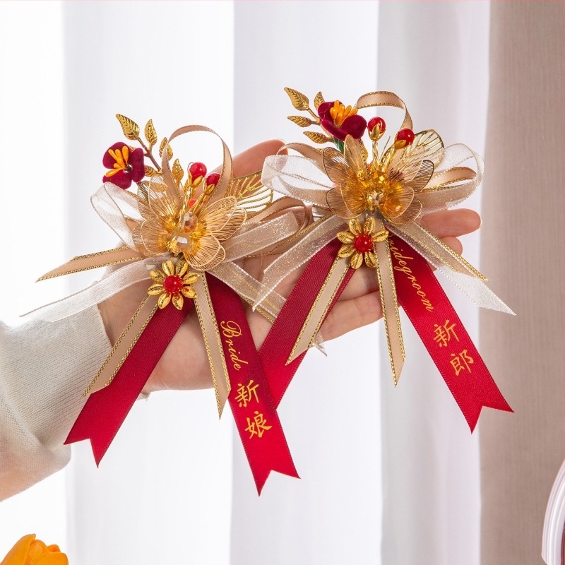 Vjenčani corsage s dragonom i feniksom, kineski stil, materijal: traka, strojna izrada, za vjenčanja, cijeli porodični set