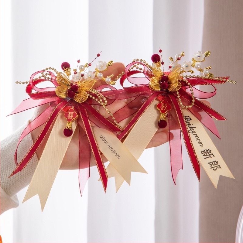 Vjenčani corsage s dragonom i feniksom, kineski stil, materijal: traka, strojna izrada, za vjenčanja, cijeli porodični set