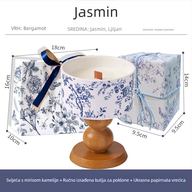 Mirisna sveća Kamelija u poklon kutiji — aromaterapijska svijeća, sojin vosak, oblik šalice, s otisnutim logom
