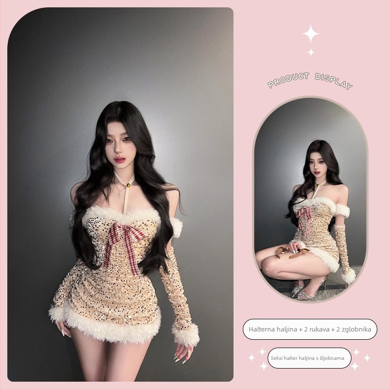 Božićna haljina s halter vratom i šljokicama, vitka silueta struka, poliester, za žene, jesen/zima