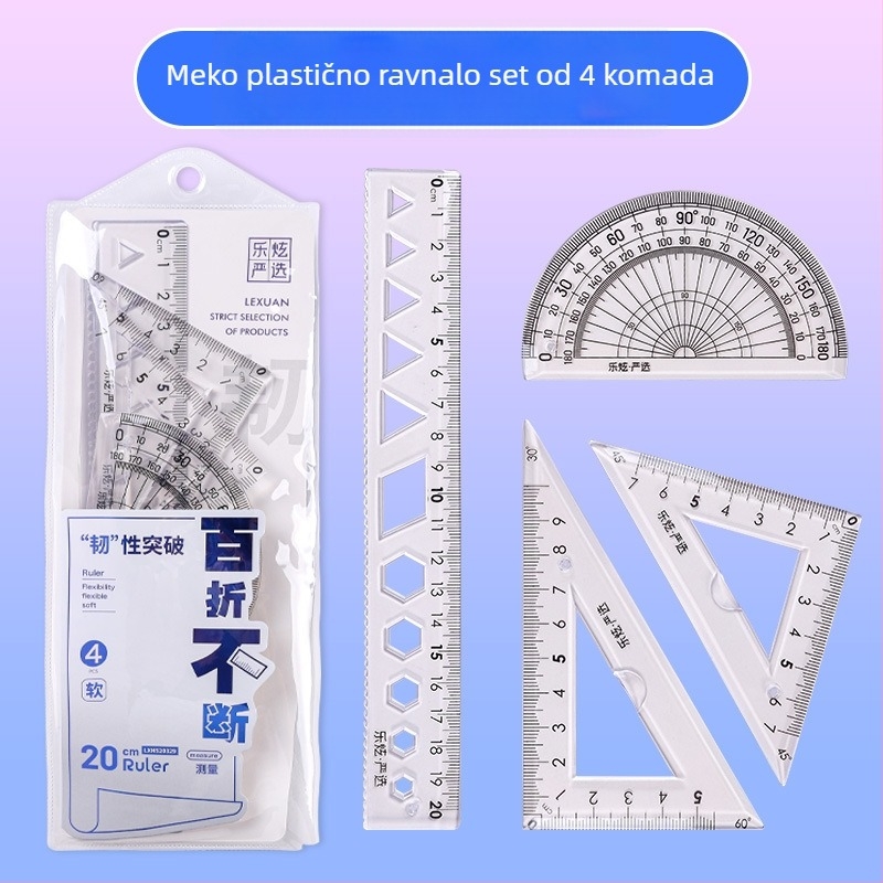 Plastični četvero-dijelni set ravnala za crtanje, uključuje trokut ravnalo i kutomjer
