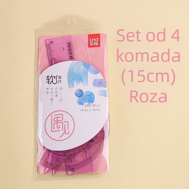 Plastični četvero-dijelni set ravnala za crtanje, uključuje trokut ravnalo i kutomjer