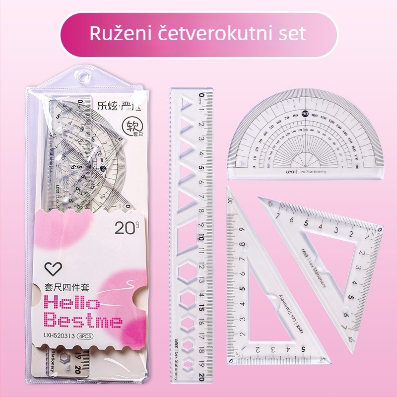 Plastični četvero-dijelni set ravnala za crtanje, uključuje trokut ravnalo i kutomjer