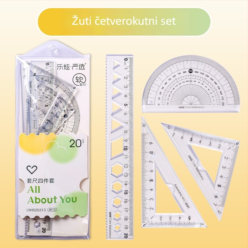 Plastični četvero-dijelni set ravnala za crtanje, uključuje trokut ravnalo i kutomjer