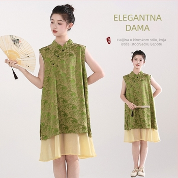 Dječja haljina u kineskom stilu, bez rukava, s naramenicama, poliester, za djecu preko 8 godina (iznad 140 cm), ljeto 2025.