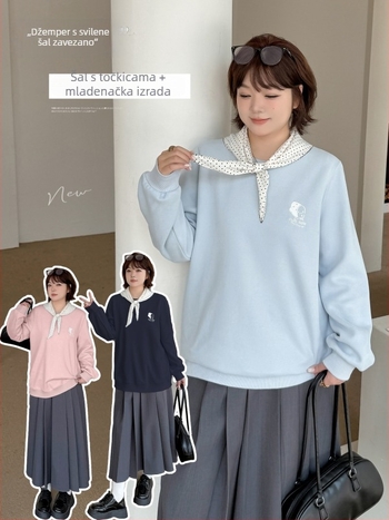 Plus-size ženski hoodie u koledžnom stilu sa šalom - kapuljača, okrugli izrez, dugi rukavi, slobodan kroj, pamuk-poliester smjesa, izšivanje, jesen 2025
