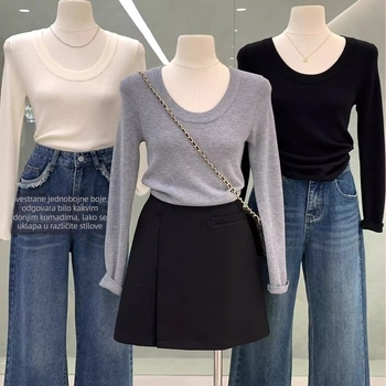 Ženski pleteni top s dugim rukavima, jednobojni uzorak, U-izrez, slim fit, materijal: vuna; glavni materijal: pamuk