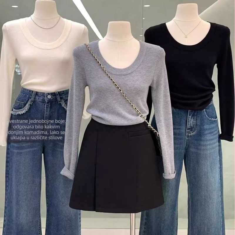 Ženski pleteni top s dugim rukavima, jednobojni uzorak, U-izrez, slim fit, materijal: vuna; glavni materijal: pamuk