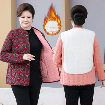 Zimska pamučna jakna za starije žene, stojeći ovratnik, debeli punilo od svile i pamuka, jednodijelno kopčanje, elegantan kroj, duljina 50–65 cm, pogodna za unutarnju i vanjsku uporabu