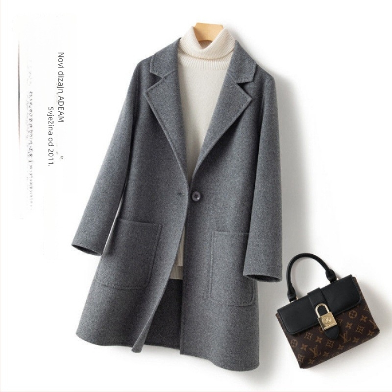 Ženski vuneni kaput srednje duljine, labavog kroja, korejskog stila, rever ovratnik, duljina 65–80 cm