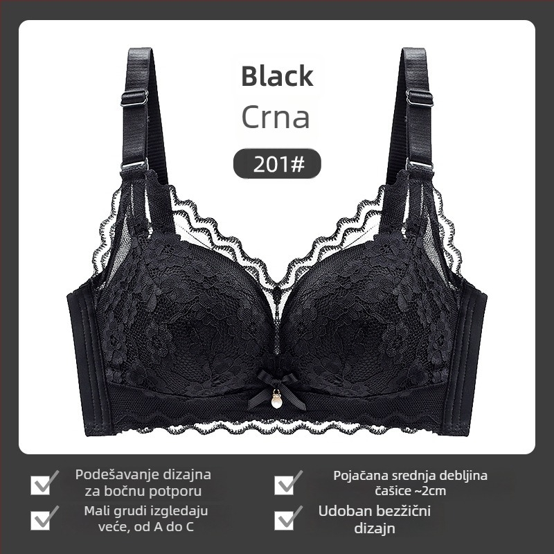 Ženski grudnjak bez žice, čipka, 3/4 košarica, tanji gornji dio, fiksirane dvostruke naramenice, stražnje kopčanje s tri reda kukica