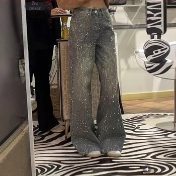 Traperice od denima s fleece podstavom, široke nogavice, rhinestones hotfix, duljina do poda, zima 2025