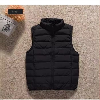 Ženski tanki down jakna-vest s uspravnim ovratnikom i zatvaračem, punjenje kačjim perjem, slim kroj, duljina 50–65 cm.