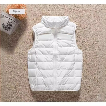 Ženski tanki down jakna-vest s uspravnim ovratnikom i zatvaračem, punjenje kačjim perjem, slim kroj, duljina 50–65 cm.