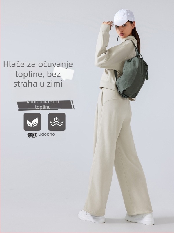 Ženske zimske sportske hlače s visokim strukom, slobodan kroj, tkanina od pamuk-mješavine (28% pamuk), bez podstava, zadržavaju toplinu, pogodne za trčanje i fitness