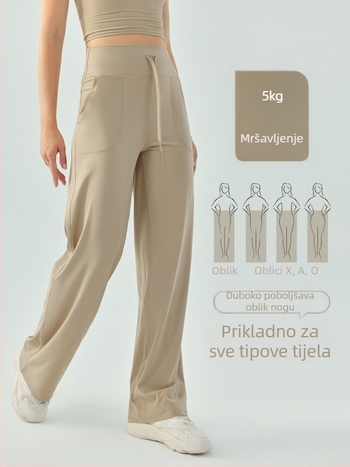 Ženske sportske hlače visokog struka s vezicom – širokog, opuštenog kroja, prozračne fitness hlače za jogu i trčanje