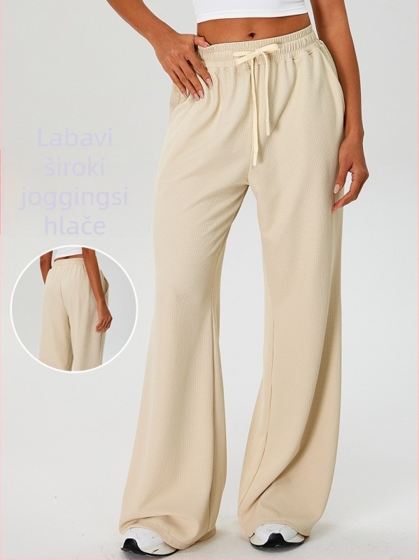 Ženske hlače za sport s visokim strukom, široke nogavice, šnira i drapirani kroj; najlon tkanina s podstavom od spandexa 90%, odvode vlage i prozračnost za trčanje i fitness