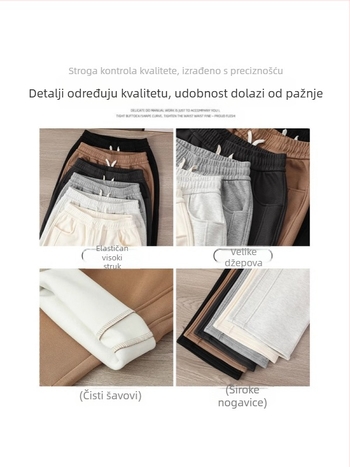 Ženske svakodnevne hlače s ravnim krojem, visokim strukom, pamuk–poliesterska smjesa 50–70% pamuk, 30–50% poliester, srednja debljina