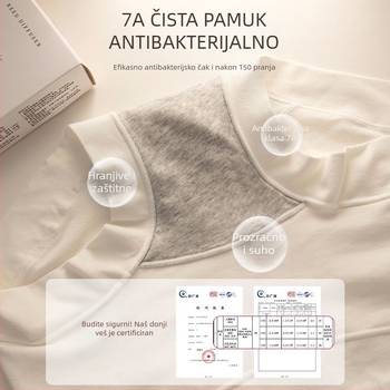 Ženske pamukne gaćice s visokim strukom, antibakterijske i prozračne; glavni materijal 95–100% pamuk; prepona 100% pamuk; pleteni materijal