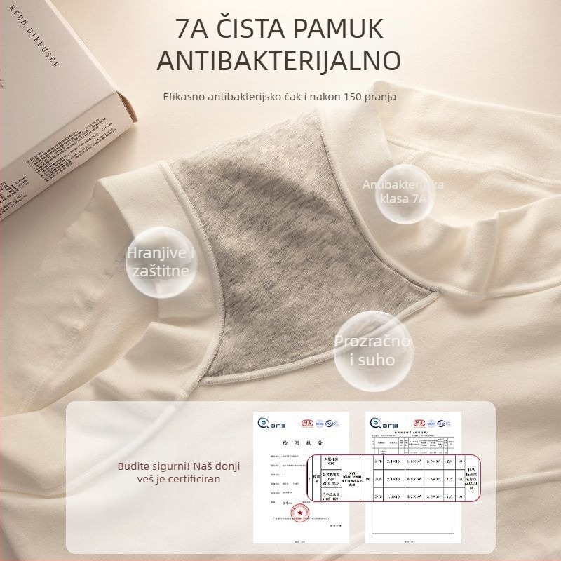 Ženske pamukne gaćice s visokim strukom, antibakterijske i prozračne; glavni materijal 95–100% pamuk; prepona 100% pamuk; pleteni materijal