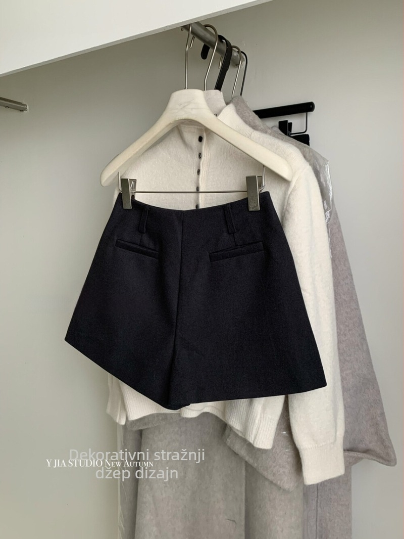 Casual šortsevi - korejski stil, visok pojas, A-linija, mješavina vune, duljina tri četvrtine