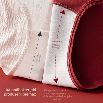 Antibakterijske ženske gaćice od pamuka s produženim preponama i srednjim strukom; glavni materijal: pamuk (90–95%); podstava prepona 95–100% pamuk