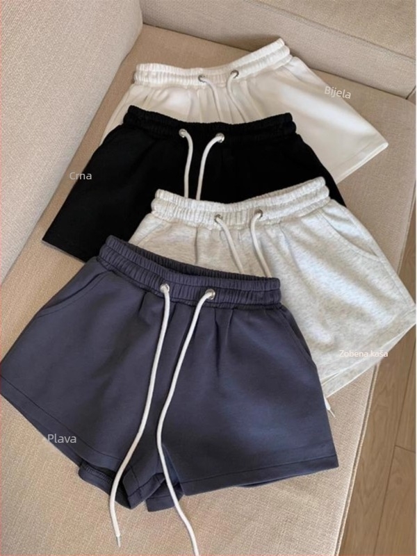 Ženske šire šortse s visokim strukom, duljina tri četvrtine, lagana tkanina, mješavina pamuka i poliestera 50–70%, mikroelastičnost