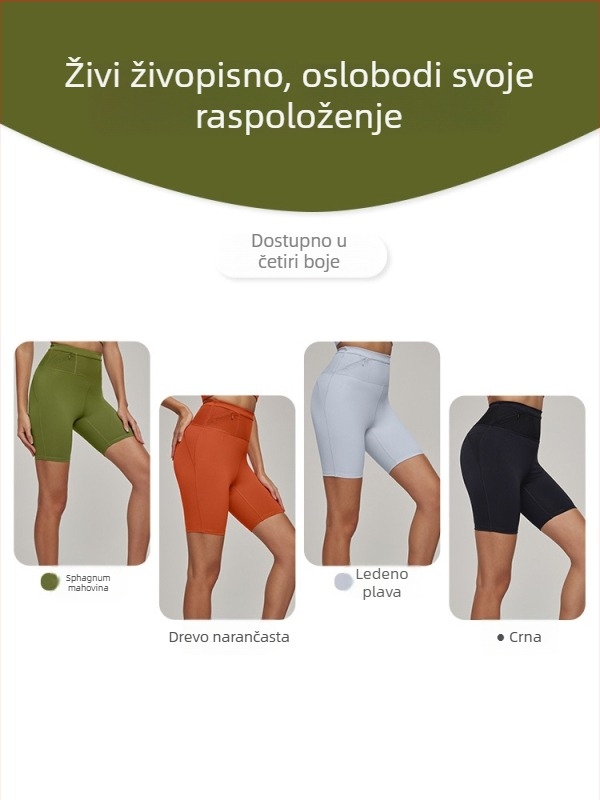 Ženske kratke hlače za trčanje s džepom u pojasu, antibakterijska tkanina s dojmom kože, visoka elastičnost, 80% najlon, 20% spandeks, joga šortsevi