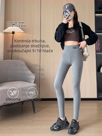 Ženske pamučne legice s visokim strukom, duljina 9/10, uski kroj, pamuk-elastan smjesa, flis podstava