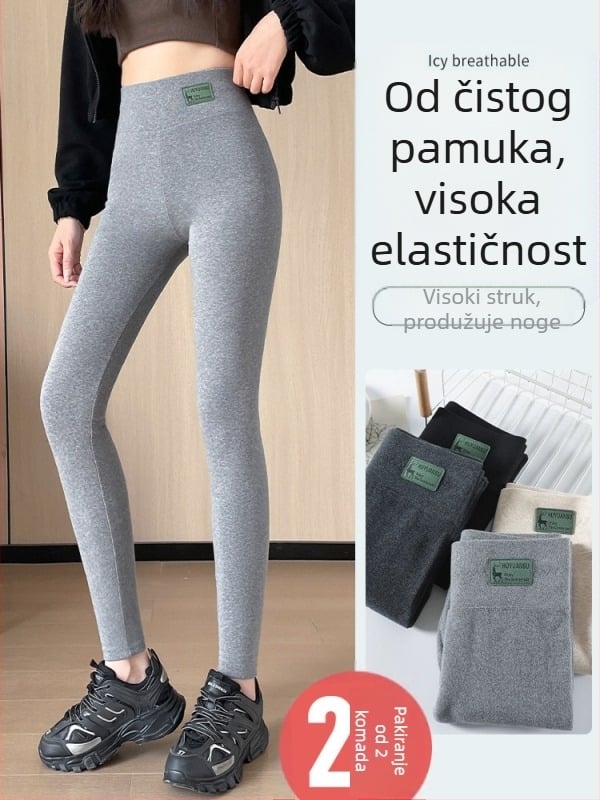 Ženske pamučne legice s visokim strukom, duljina 9/10, uski kroj, pamuk-elastan smjesa, flis podstava