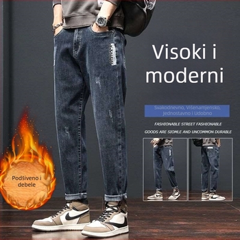 Muške traperice s flis podstavom, ravni kroj, mikroelastičnost, srednji pojas, zip, 60% pamuka denim, dekorativne džepove