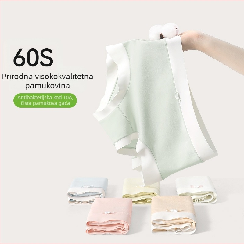 Ženske gaćice od pamuka sa srednjim strukom, antibakterijske i prozračne; glavni materijal 80–90% pamuk; podstava u preponi 100% pamuk