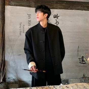 Muška jakna u Tang stilu s kineskim vjetrom, s ovratnikom u stilu staja i disk kopčom, materijal od poliestera, džepovi, za četiri sezone