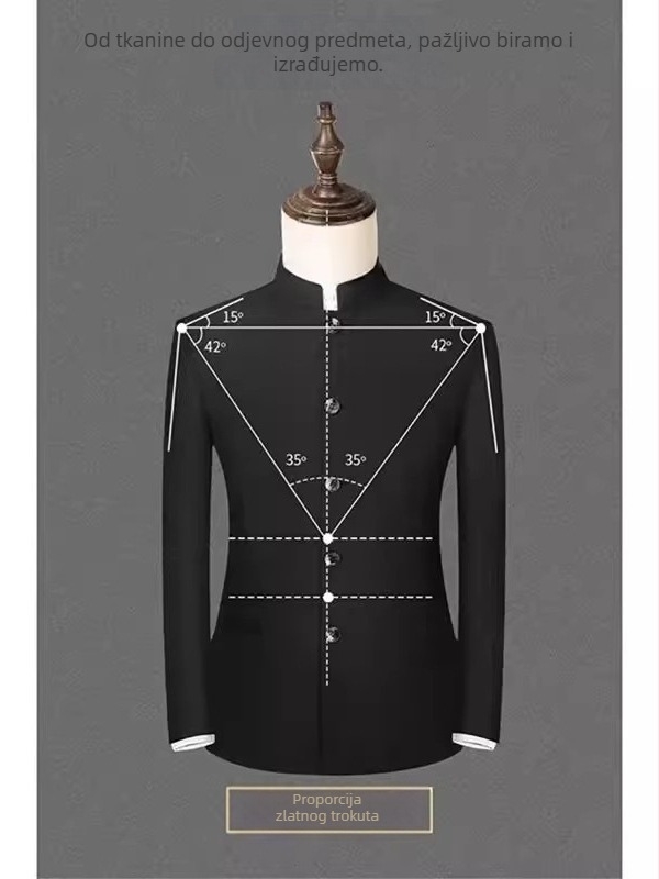 Muško sako s podstavljenim ramenima i stojećim ovratnikom, slobodan kroj, poliester, 3 džepa na zakrpe, proljeće-jesen