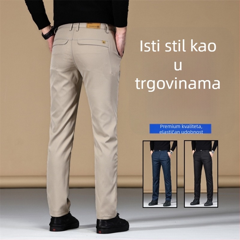 Muške poslovno casual hlače, mikroelastični poliester, zip, srednji struk, ravni kroj