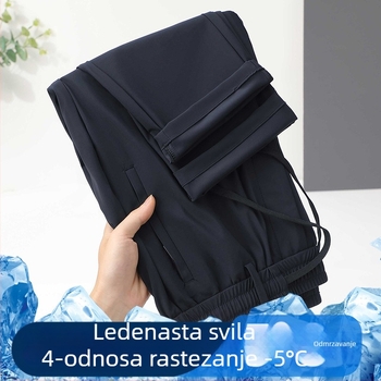 Muške hlače ravnog kroja, elastičnog najlonskog materijala, srednji struk, bez pojasa, kopčanje s trakom, lagani poslovni stil, proljeće 2025