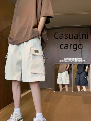 Muški ljetni cargo šorti, Capri duljina, slobodan ravni kroj, 100% poliester