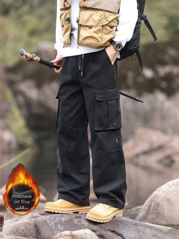 Muške cargo hlače s flis podstavom, opuštenog ravnog kroja, 100% pamuk, pogodne za četiri sezone