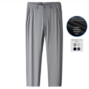 Muške ljetne poslovno-opuštene hlače, srednji pojas, ravni kroj, prozračna elastična tkanina milk silk, zip-fly, džepovi