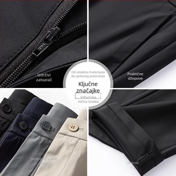 Muške ljetne poslovno-opuštene hlače, srednji pojas, ravni kroj, prozračna elastična tkanina milk silk, zip-fly, džepovi