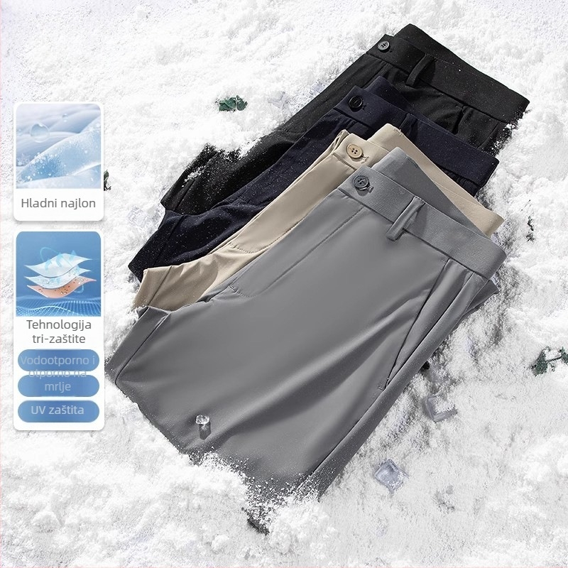 Muške ljetne poslovno-opuštene hlače, srednji pojas, ravni kroj, prozračna elastična tkanina milk silk, zip-fly, džepovi