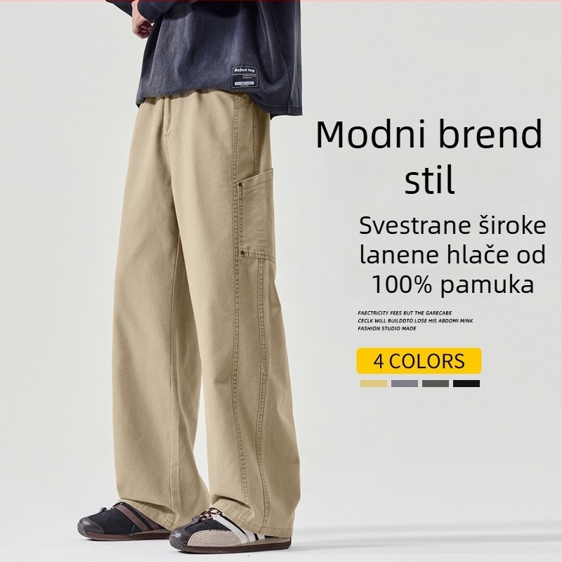Muške hlače od 100% pamuka, opuštene kroja, ravne krojeve, srednji pojas, zatvaranje na gumbe, prozračan model, jesen 2025