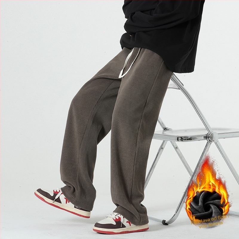 Muške hlače od corduroya s fleece podstavom, elastičan pojas, labav kroj, ravne nogavice, 100% poliester, jesen