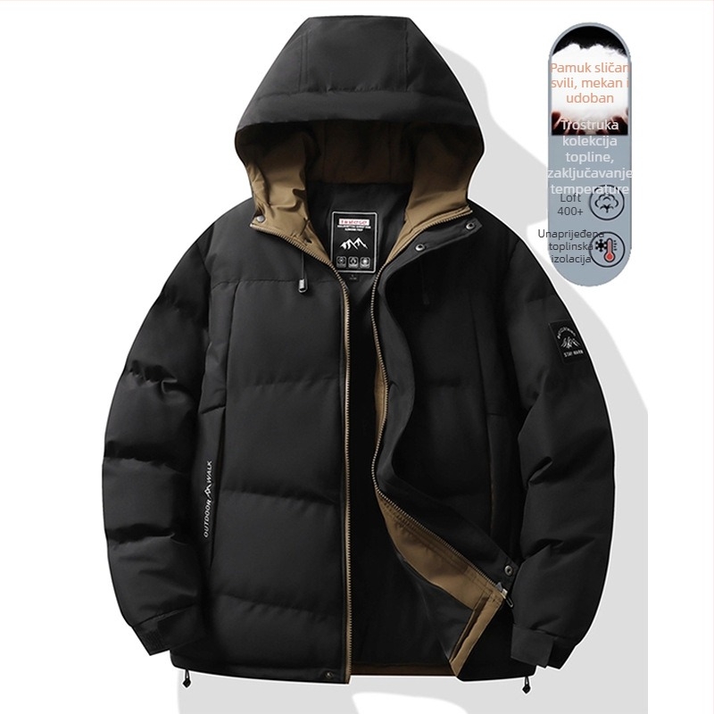 Muška jakna s kapuljom od pamuka, punjena pamukom, debela podstava, zip zatvarač, bočni džepovi