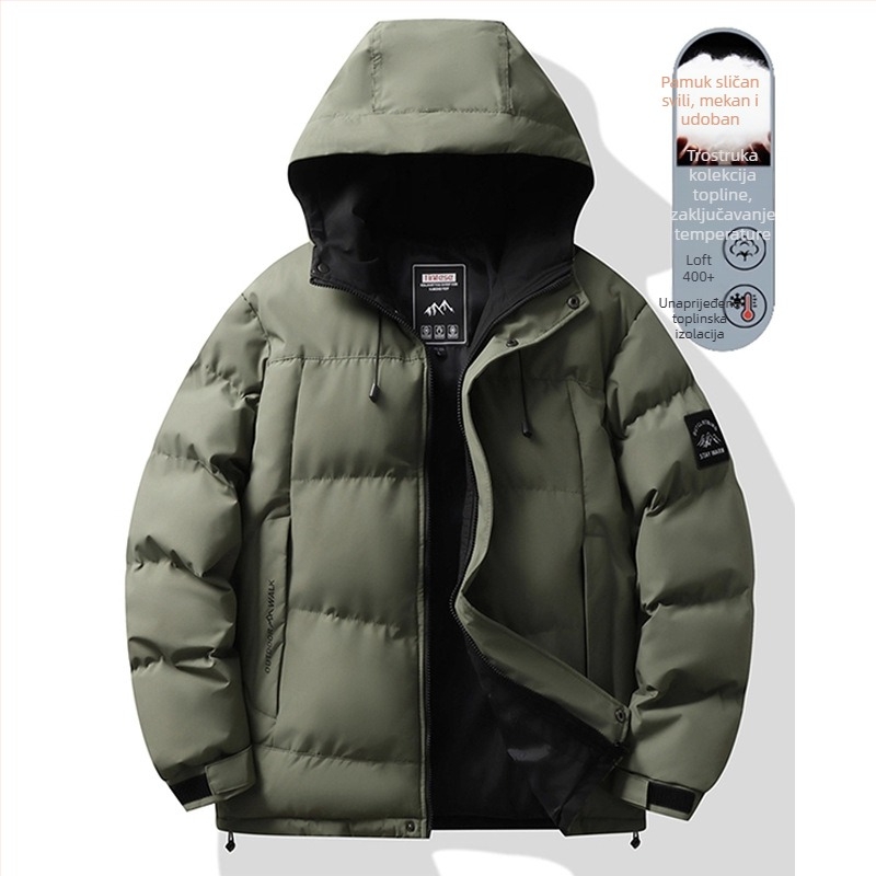 Muška jakna s kapuljom od pamuka, punjena pamukom, debela podstava, zip zatvarač, bočni džepovi