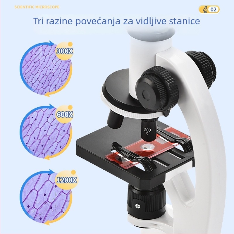 Stolni optički biološki mikroskop za djecu, 1200x povećanje, plastična igračka, uzrast 7–14, pakiranje: kartonska kutija