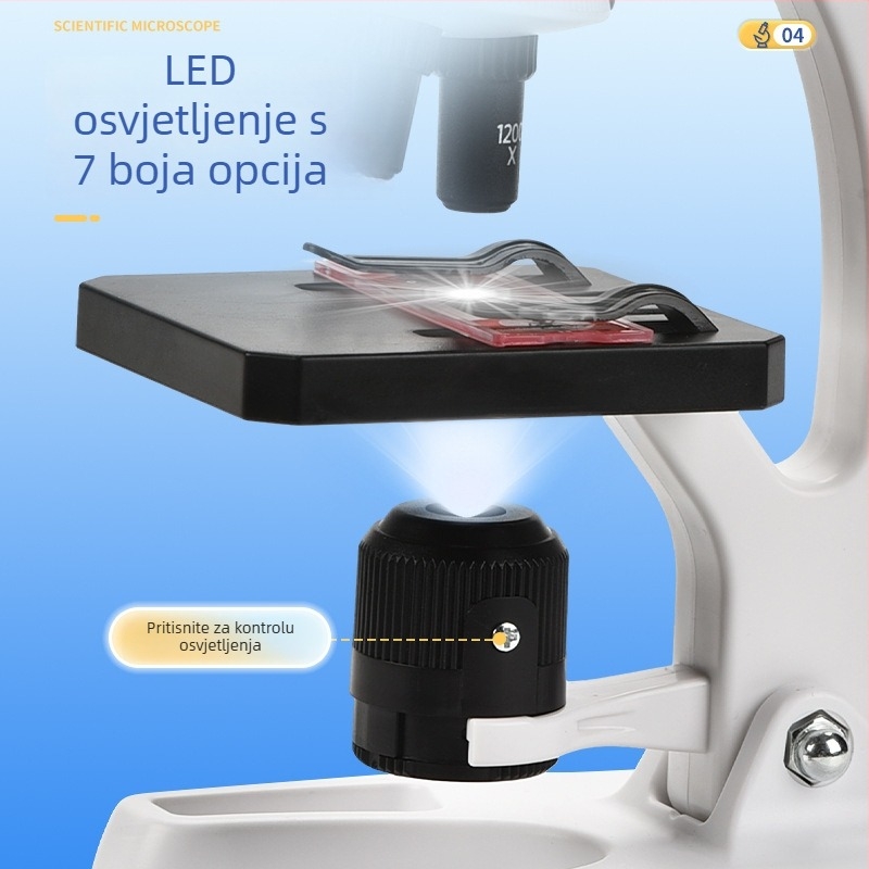 Stolni optički biološki mikroskop za djecu, 1200x povećanje, plastična igračka, uzrast 7–14, pakiranje: kartonska kutija