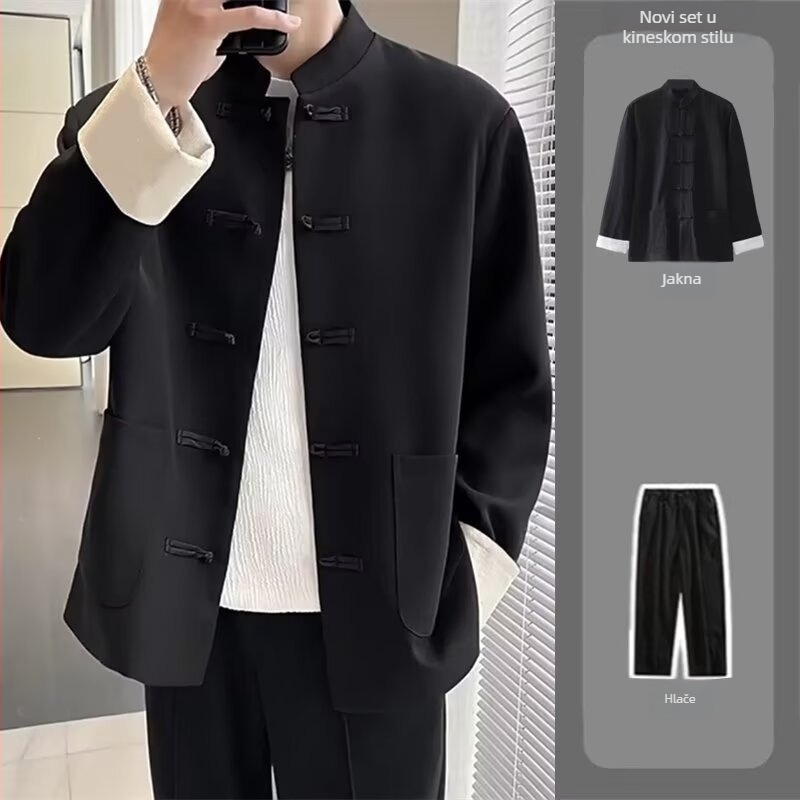 Muško Tang sako u kineskom stilu sa stojećim ovratnikom i čvorastim gumbima, jacquard tkanina od poliesterske smjese, opuštena silueta, za četiri sezone.