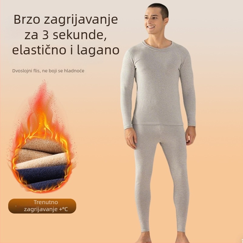 Muško termalno donje rublje od vune i svile – s baršunastom podstavom, 251–300 g/m², set gornji dio + hlače, okrugli izrez, dugi rukav